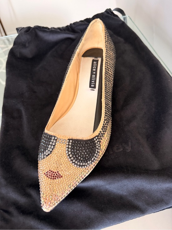 Alice + Olivia Shoes - Alice + Olivia Gold Crystal Embellished Pointed Flat with Black & Red Accents